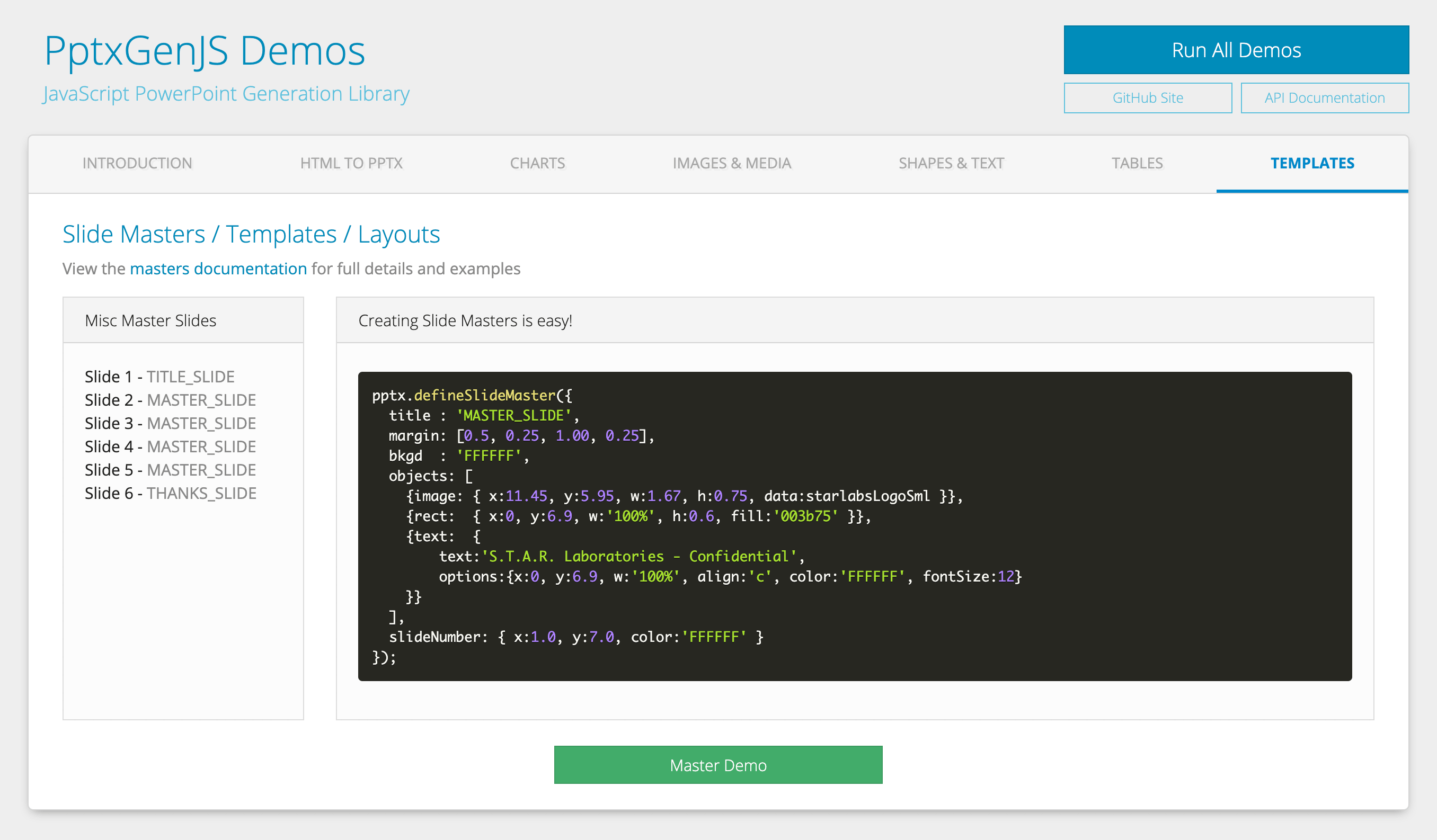 PptxGenJS Master Slide Demo